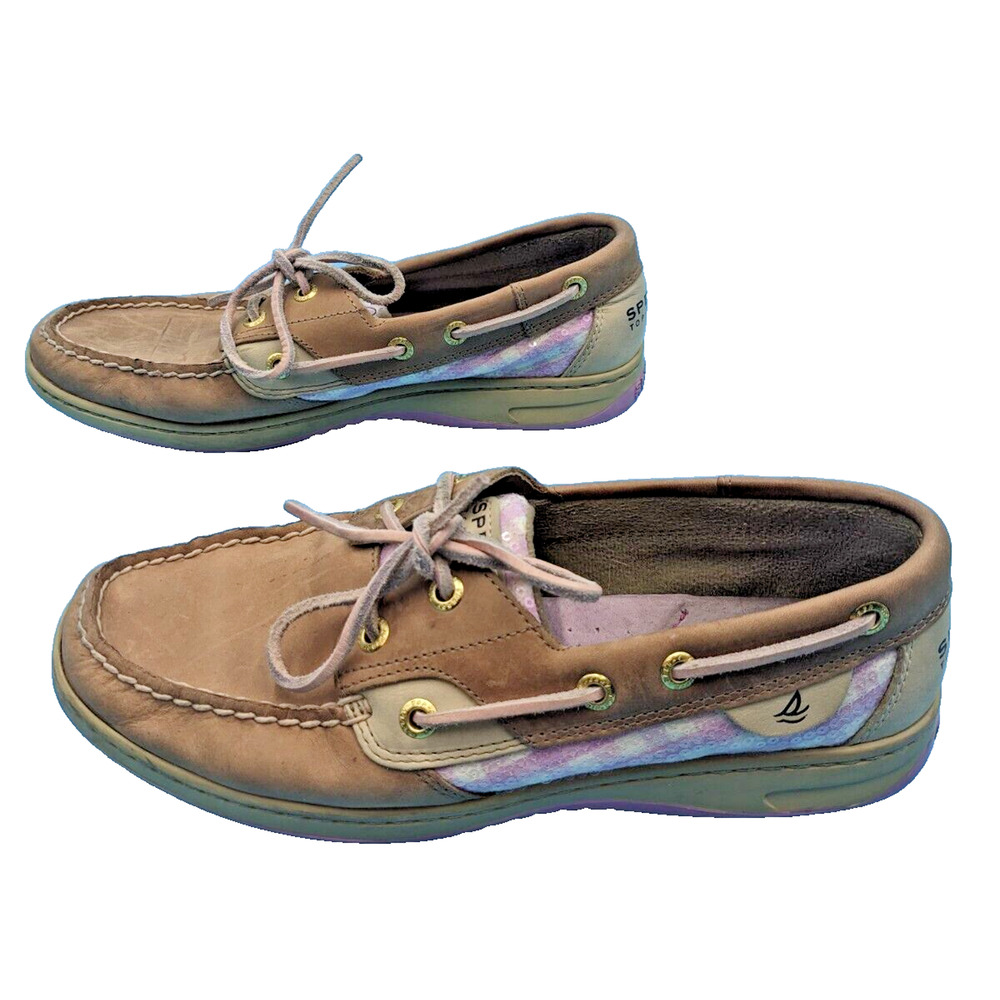 Sperry Top Sider Bluefish Tan Leather Preppy Plaid Loafer Boat Shoes Womens 7.5